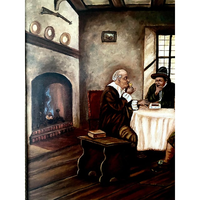 Vintage 1943 Leota Humphrey Oil Painting on Board- Antique Dutch Tavern Scene - Ornate Gold Frame. For Sale In Denver - Image 6 of 18