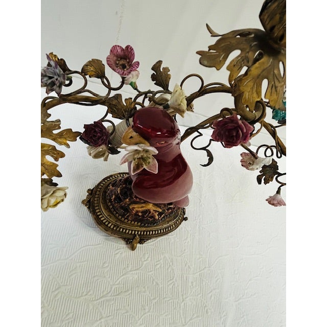 Early 19th Century A Large Pair of Chinoiserie Regency Exotic Opposing Heron Gilt-Bronze-Mounted & Porcelain Parrot Candelabra For Sale - Image 9 of 16