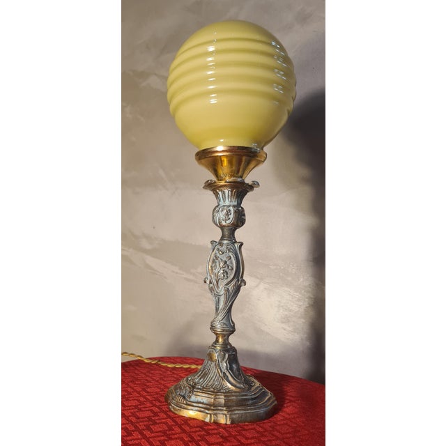 Rococo Bronze Lamp with Yellow-Green Opaline Glass Shade, 1900 For Sale - Image 6 of 7