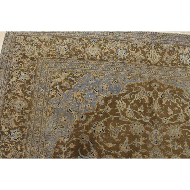 Textile Kashan Rug 10′ X 13’5” Brown Wool Vintage Distressed Hand-Knotted Carpet For Sale - Image 7 of 15