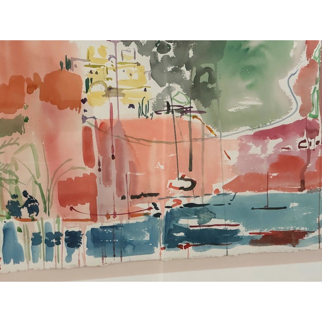 1970s Large Vintage Watercolor Painting by Avraham Binder, Coastal, Colorful Sea Side Bustling Leisure Harbor For Sale - Image 5 of 8