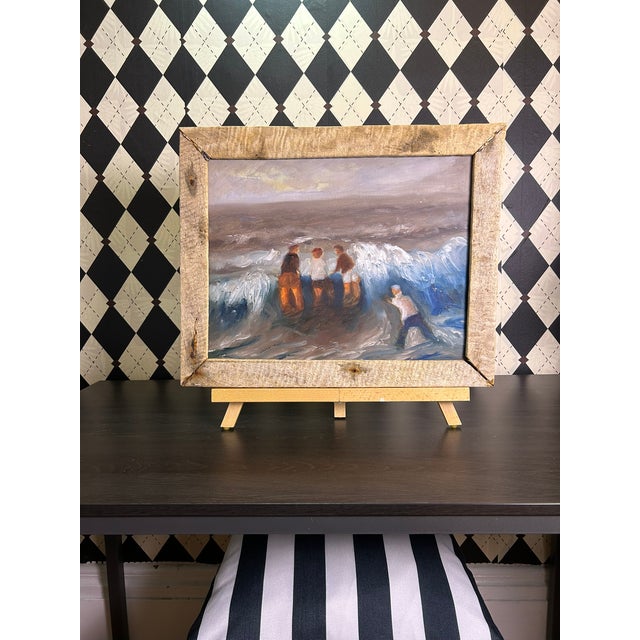 1990s Original Coastal Figural Seascape Oil Painting in Rustic Wood Frame, 18" For Sale - Image 10 of 16
