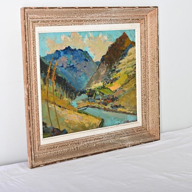 Textile French Vintage Framed Mountain Landscape Painting For Sale - Image 7 of 9