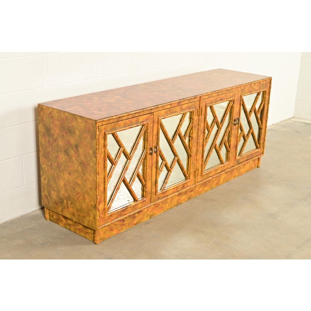 Baker Furniture Company Henredon Style Mid-Century Hollywood Regency Faux Bamboo Mirrored Front Sideboard Credenza, Circa 1970s For Sale - Image 4 of 12