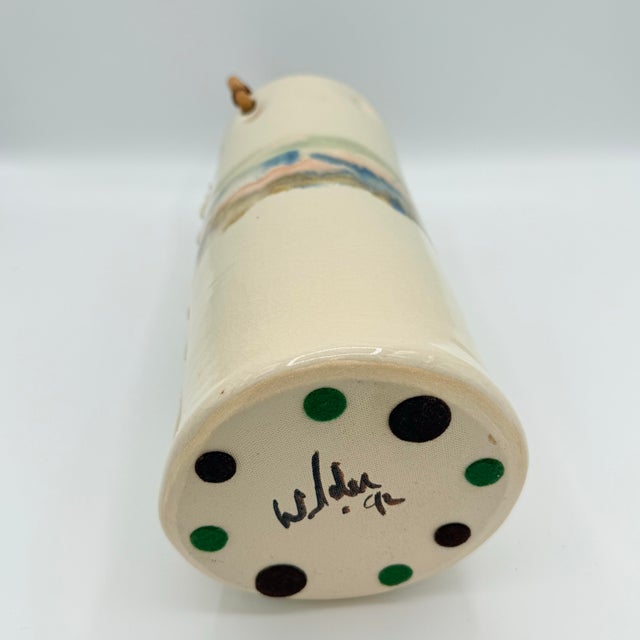 Ivory Signed 1992 Studio Pottery Vase With Bamboo Handle, Organic Modern Ceramic Vessel, Handcrafted Art Pottery, Neutral Glaze Cylinder For Sale - Image 8 of 11
