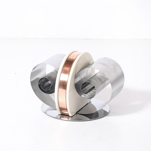 1930s Art Deco Machine Age Paper/Book Holder in Spring Steel, Cream Enamel & Copper For Sale - Image 5 of 10