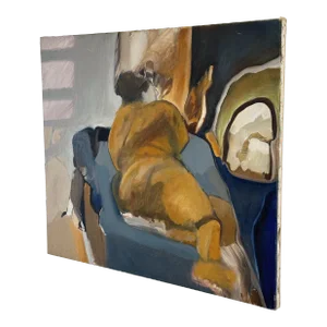 Vintage Oil Painting Depicting Lounging Figure in Blues and Ochre