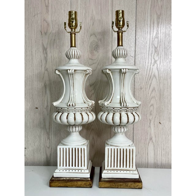 Late 20th Century Vintage Italian Neoclassical Glazed Ceramic Urn Table Lamps – A Pair For Sale - Image 5 of 12