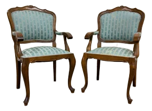 Vintage French Louis XV Style Carved Bergere Armchairs - Pair
