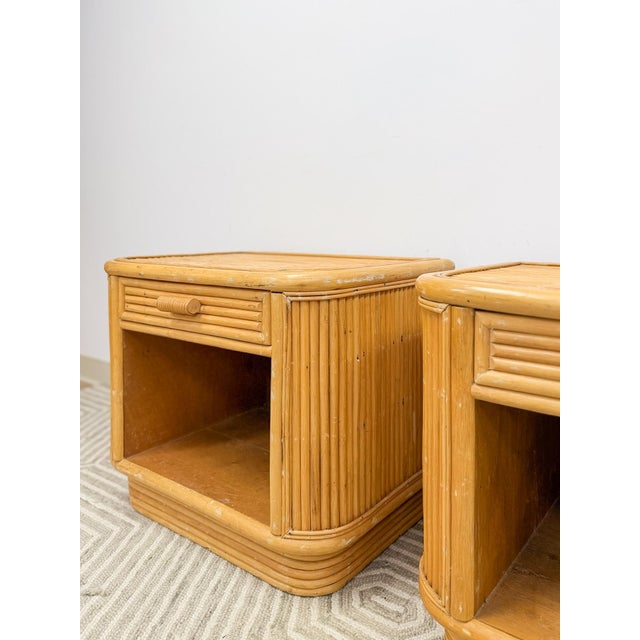 Mid 20th Century Mid 20th Century Pair of Blonde Ribbed Pencil Reed Rattan Nightstands Coastal Hollywood Regency For Sale - Image 5 of 11