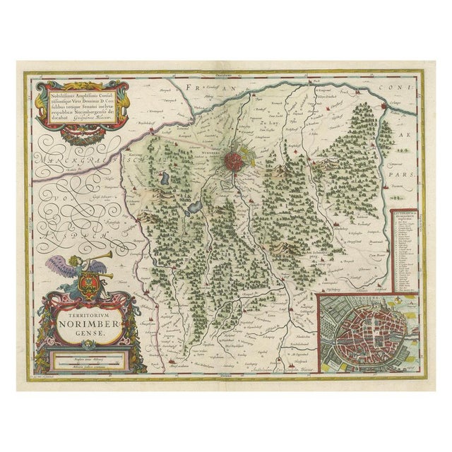 Antique map titled 'Territorium Norimbergense'. Beautiful map centered on Nuremberg, Germany. with decorative title...