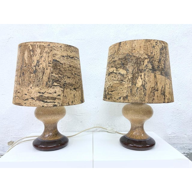 Vintage Table Lamps with Ceramic Base and Cork Shade from Leola, 1970s, Set of 2 For Sale - Image 11 of 11