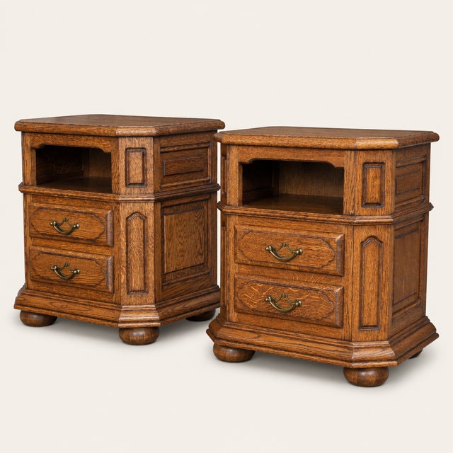 1960s French Provincial Style Oak Nightstands With Open Shelves, Pair For Sale - Image 4 of 7