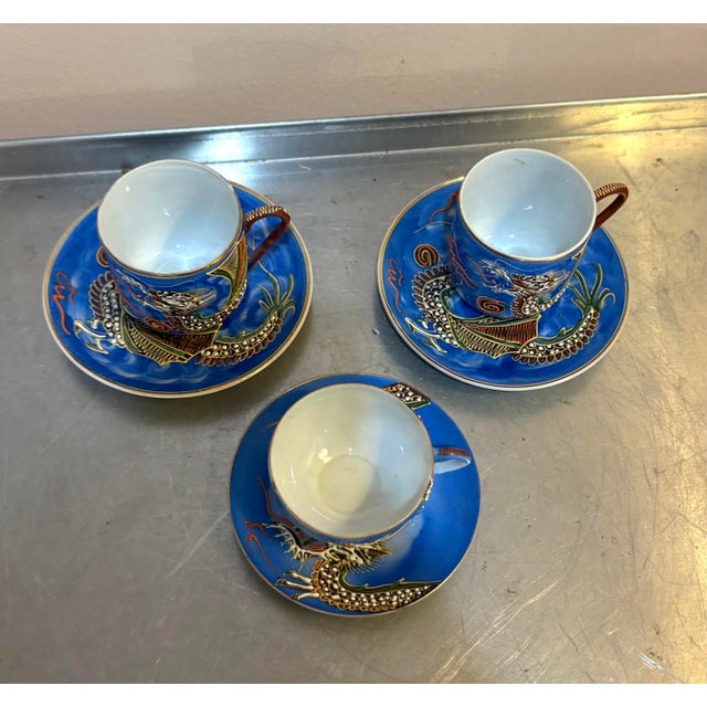 Early 20th Century Moriage Dragonware Porcelain Japanese Cups & Saucers Set of 3 For Sale - Image 5 of 6