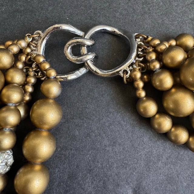 Gold Vintage Multi-Strand Beaded Necklace Chunky Statement Cocktail Gold Rhinestone For Sale - Image 8 of 10