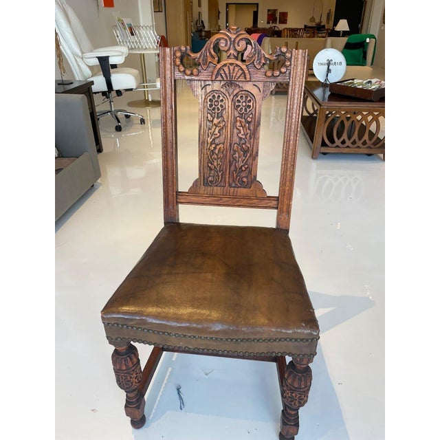 Set of 4 - Antique Gothic Revival Carved Oak Hall Chairs - Leather Seat Nailhead For Sale In Chicago - Image 6 of 8
