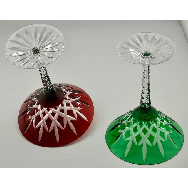 Mid 20th Century Stunning Set of 5 Large Vintage Mid Century 2 Color Overlay Deep Hand Cut to Clear Martini & Wine Glasses For Sale - Image 14 of 18