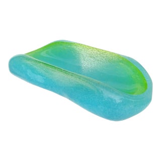 Vintage Murano AVeM Sky Blue Bright Green Pulegoso Bubbles Italian Abstract Art Glass Bowl For Sale