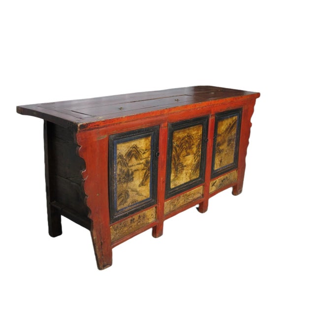 Late 19th Century Hand Painted 78" Long Red Gansu Sideboard Cabinet For Sale - Image 4 of 13