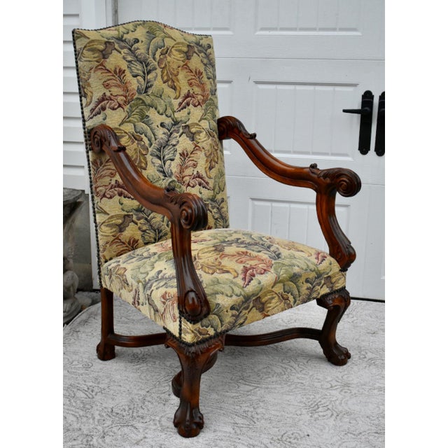 1950s Renaissance Revival Armchair High Back Carved Floral Tapestry For Sale - Image 10 of 13
