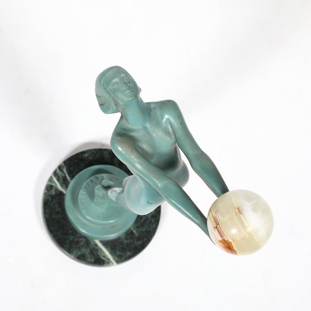 Art Deco Sculptural Onyx & Veria Green Marble Nude Flapper Signed Max Le Verrier For Sale - Image 17 of 17