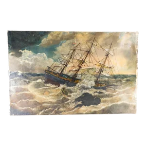 American Folk Art Painting of a Ship in a Stormy Sea