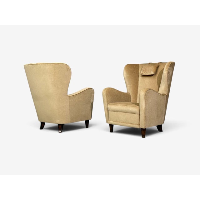 Finnish Modern, Wingback Chairs, Beige Velvet, Wood, Finland, 1950s For Sale - Image 11 of 12