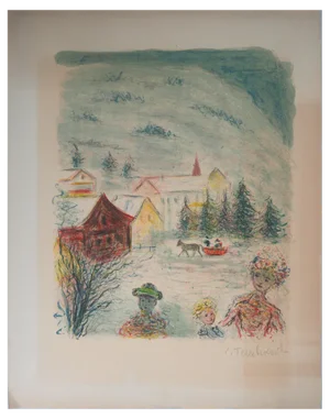 Kostia Terechkovitch, Family, Winter Outing, Original Lithograph