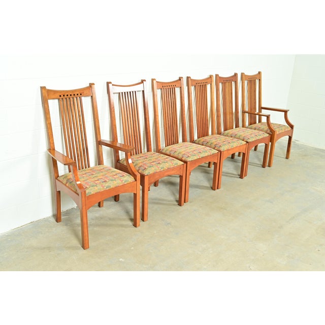 L. & J.G. Stickley, Inc. Stickley Arts & Crafts Cherry Wood High Back Spindle Dining Chairs, Set of Six For Sale - Image 4 of 15