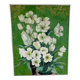 Midcentury Oil on Board Floral Still Life of White Tulips For Sale