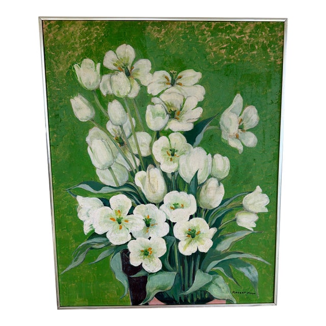 Midcentury Oil on Board Floral Still Life of White Tulips For Sale