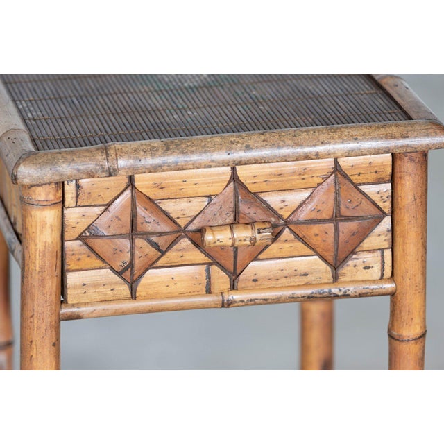 Circa 1950 pair mid-century french bamboo side tables. Small w30 x d29 x h62 cm. Large w39 x d49 x h81 cm.