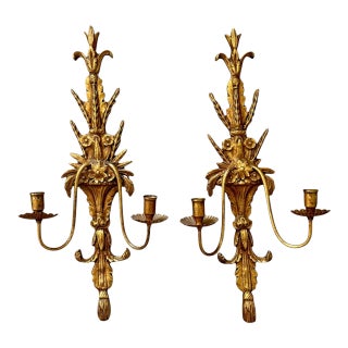 Vintage Italian Louis XVI Style Gilt Two-Arm Wall Candle Sconces 22" Tall - A Pair For Sale