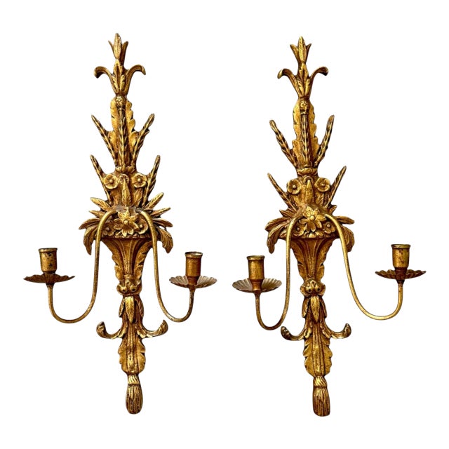 Vintage Italian Louis XVI Style Gilt Two-Arm Wall Candle Sconces 22" Tall - A Pair For Sale