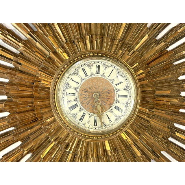 Mid-Century Modern Vintage Circa 1969 Syroco Mid Century Modern Starburst Wall Clock in Antique Gold Finish For Sale - Image 3 of 18