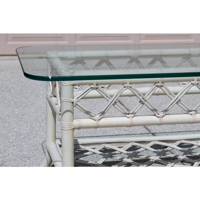 Cream Vintage 1970s Coastal Rattan Coffee Table With Turquoise Glass Top and Cream-Colored Cane Frame For Sale - Image 8 of 12