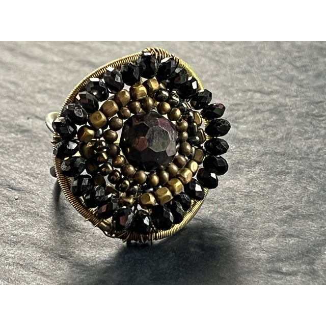Art Deco Vintage 1990s Beaded Cocktail Ring in Black and Antique Gold, Size 8 For Sale - Image 3 of 4