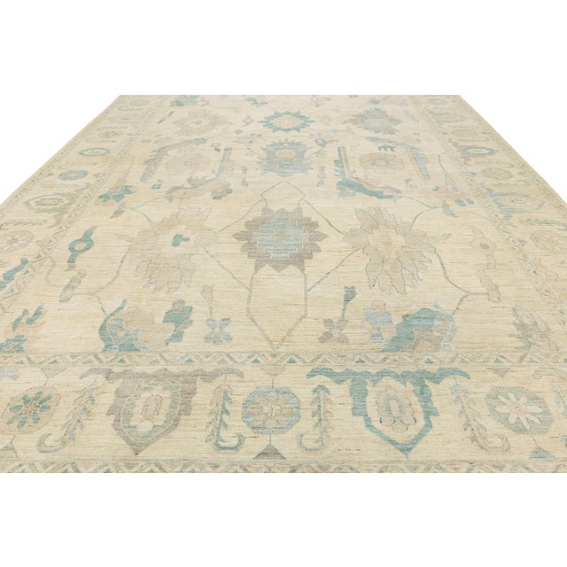 Modern Oushak Style Hand-Knotted Wool Area Rug in Neutral Beige & Soft Teal For Sale - Image 4 of 12