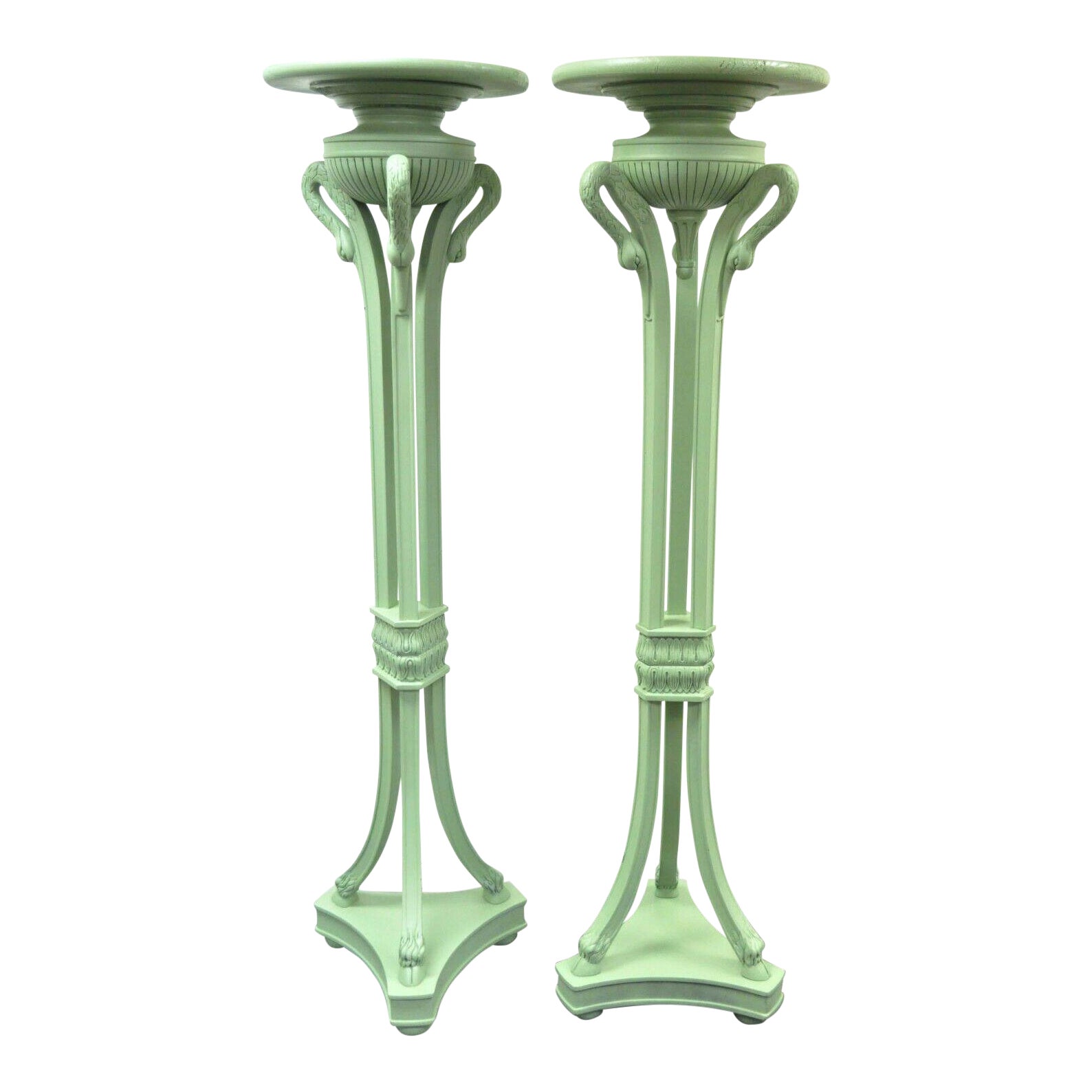 Regency Style Green Carved Wood Swan Hoof Foot Pedestal Plant