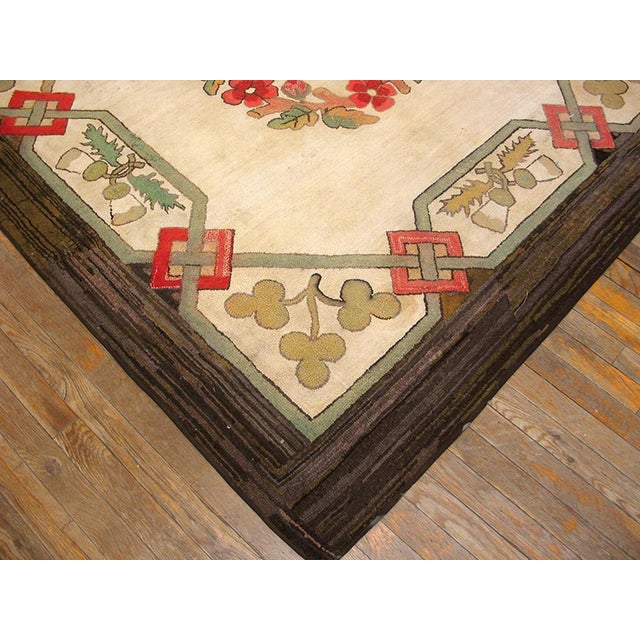 American 1920s Ivory Floral Craftsman Antique American Hooked Rug 5'9" X 6' Knotted Wool Cotton Carpet For Sale - Image 3 of 5