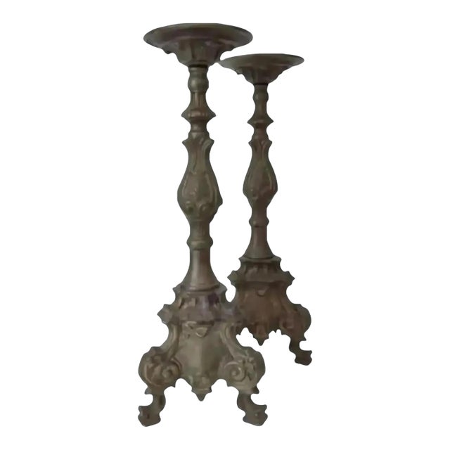 Vintage Bronze Altar Style Candle Holders- A Pair For Sale