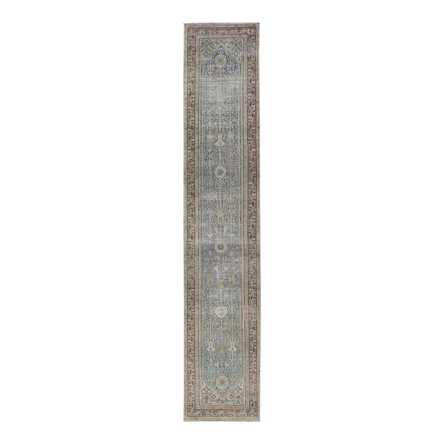 Long Antique Persian Malayer Runner in Gray, Blue, Green With All-Over Design For Sale