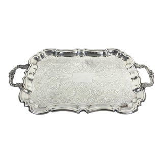Extra Large Butler’s Tray Silver Plated Rectangular Platter Vintage Plate Ornate Floral Handles Embossed Acanthus Leaf Serving For Sale