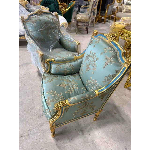 2010s French Louis XV Style Blue-Green Bergere Wing Chair Set of 2 Chairs For Sale - Image 5 of 7