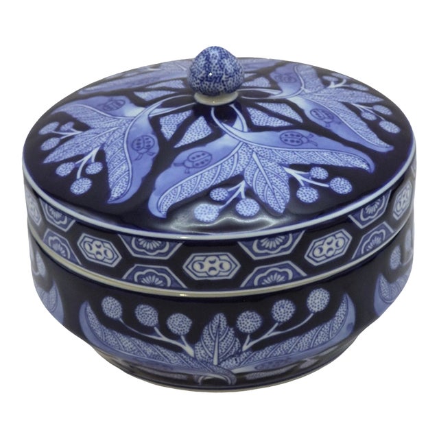 Decorative Chris Madden Ladybugs Blue & White Leaf Floral Lidded Porcelain Jar For Sale