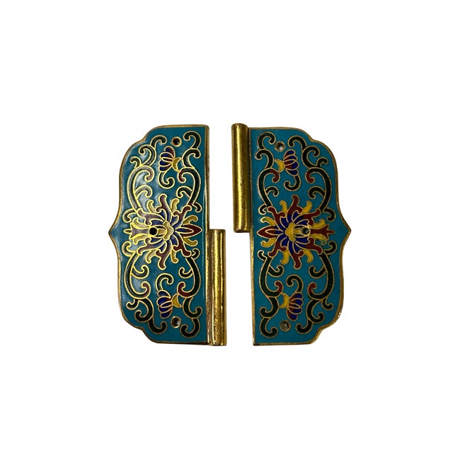2 Sets Turquoise Enamel Cloisonne Butterfly Hinges Metal Decor Plaque Art For Sale - Image 4 of 9