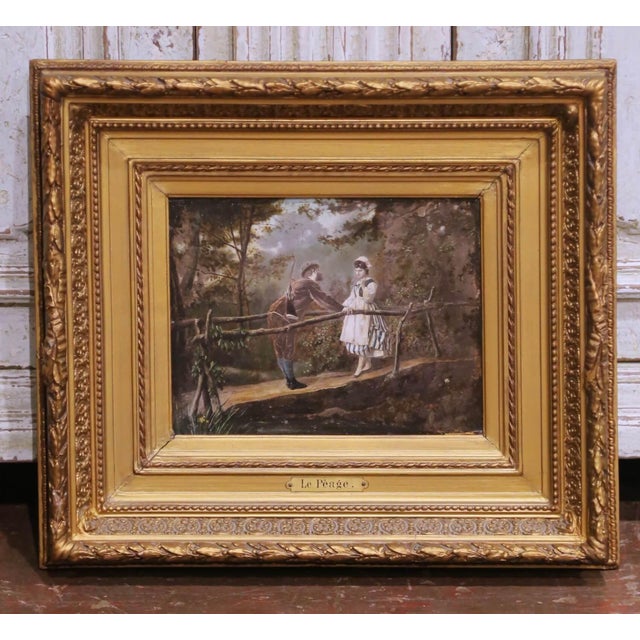 French Pair of 19th Century French Pendant Genre Paintings on Board in Carved Frames For Sale - Image 3 of 15