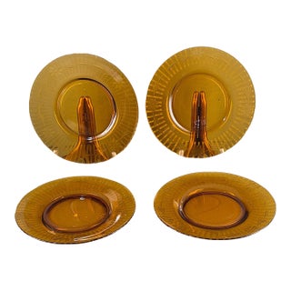 Vintage Depression Glass Amber Wheel Cut Floral Dishes - Set of Four For Sale
