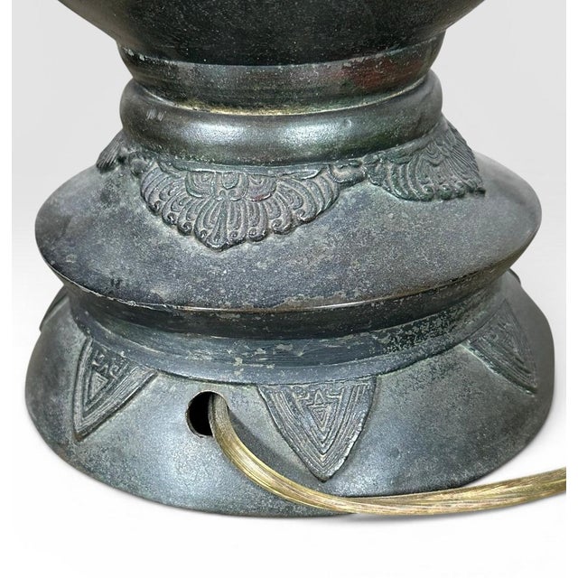 Antique Japanese Meiji Period Patinated Bronze Vase Table Lamp With High Relief Bird and Flower Silk Pagoda Shade For Sale - Image 10 of 13