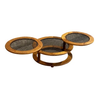 1970s Oak and Smoked Glass Tiered Swivel Coffee Table With Expanding Tops For Sale